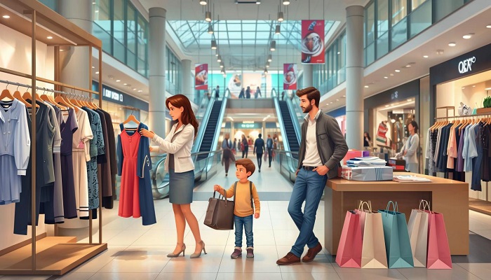 семья экономит на шопинге семья в торговом центре покупает вещи