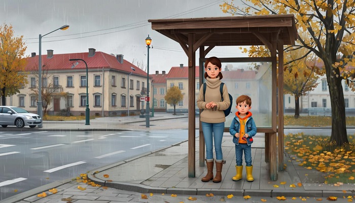экономия денег на транспорте женщина с ребенком ждут автобус