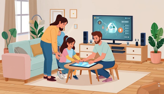 семья настраивает умный дом для экономии семья настраивает умный дом