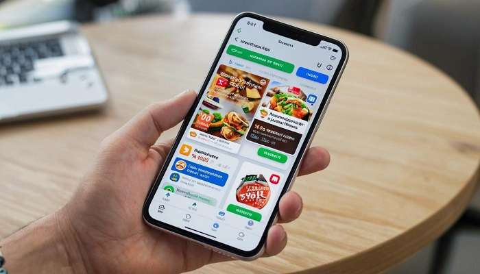 Приложения для отслеживания акций в магазинах Смартфон с приложениями скидок на фоне продуктов